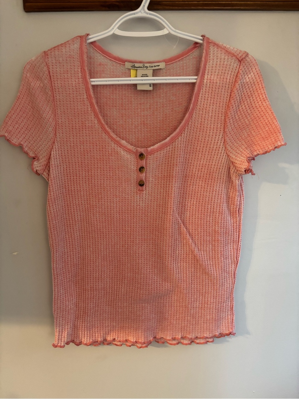 American Rag Pink Ribbed Henley Tee with Scalloped Trim